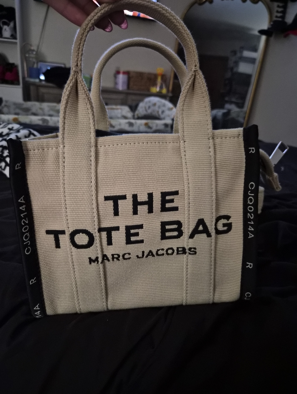 Authentic Marc Jacobs Beige Canvas 'The Tote Bag' Messenger Tote with Black Trim